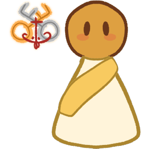 the crossed keys of Roman Catholicism; to the right is a yellow figure, wearing a white alb or dalmatic and diagonal yellow stole.